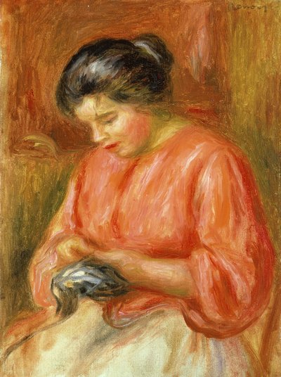 Meisje in rood, aan het breien door Pierre Auguste Renoir